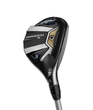 Callaway Paradym X Golf Hybrid with sole of the club head showing on a white background