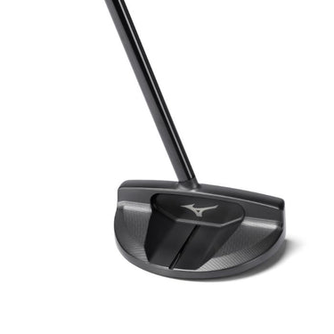 Mizuno OMOI 5 in intense black colour being show from behind the putter showing off the mallet shape and centre shafted putter on a white background