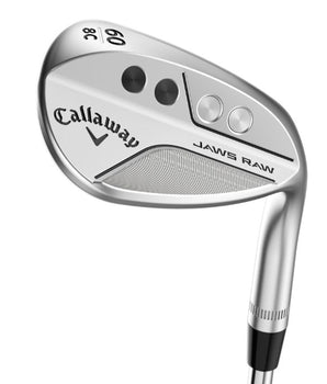 Callaway Jaws Raw Face Chrome Golf Wedge held up so back of the club head is visible on a white background