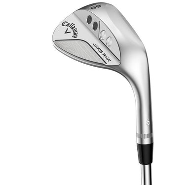 Callaway Jaws Raw Face Chrome Golf Wedge at an angle that shows the back of the club head and the sole, on a white background