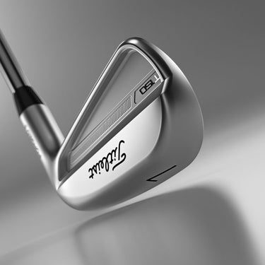 Titleist 2023 T150 Golf Iron zoomed in on the back of the club head on a futuristic silver backgroind